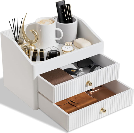Desk Organizer,Beige White Vegan Leather Desk Accessories & Workspace Organizers with 2 Drawers & Tray,Key Holder with Gold-Tone Metal Accents knob，Jewelry Box,Nightstand