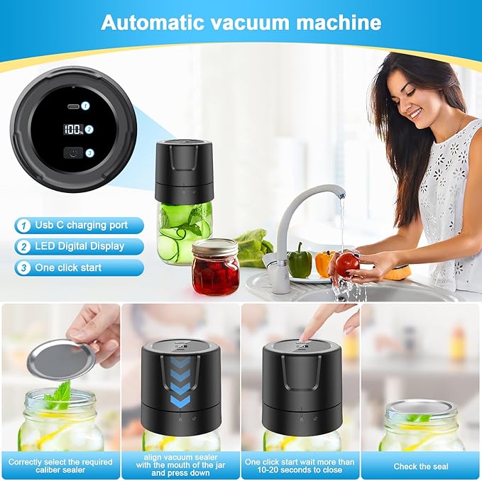 Electric Mason Jar Vacuum Sealer Kit - 2000mAh Battery, Enhanced Motor, Compatible with Wide & Regular Mouth Lids, Ideal for Canning & Sealing, Black