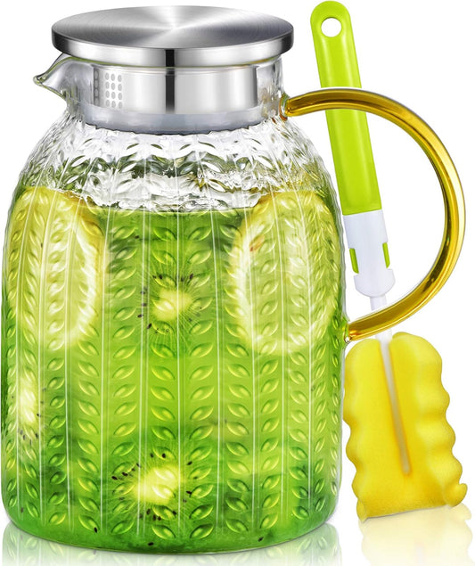 Aofmee 60oz Glass Pitcher, Water Pitcher with Lid, Iced Juice Jugs for Fridge, Glass Carafe for Cold or Hot Beverages, Sun Tea Jar, Easy Clean Heat Resistant Jug for Milk