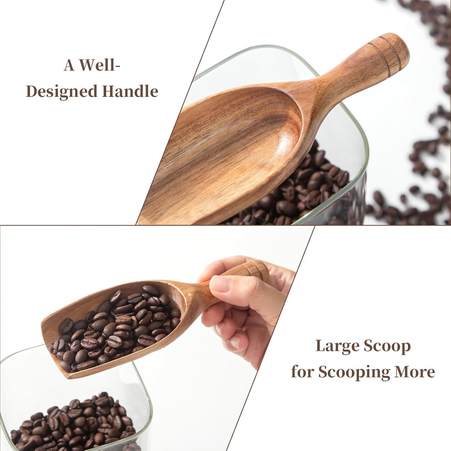 Big Wooden Coffee Scoop, 2pcs Large Coffee Scoops for Ground Coffee Beans, Acacia Wood Shovel Spoons Multipurpose for Jars Canisters,Kitchen Scooping Tool Salts Spice Pepper Powder Tea Shovels