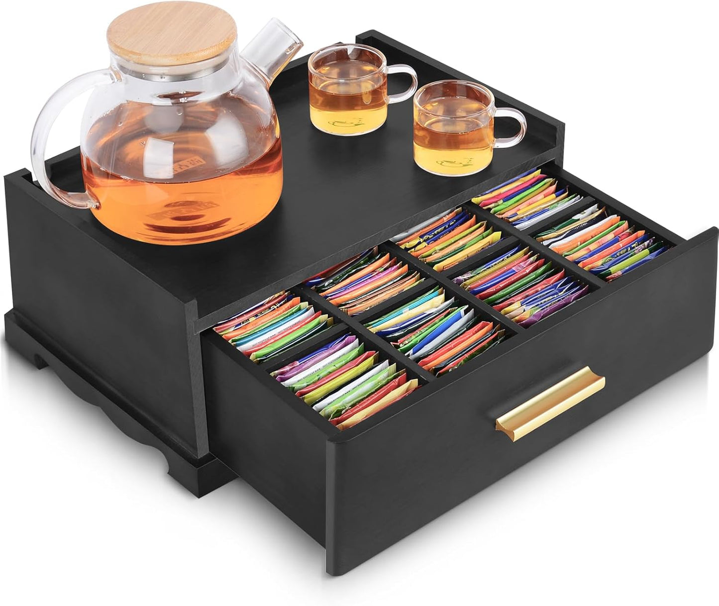 Tea Bag Organizer, Tea Organizers and Storage, Tea Box Organizer Storage Box, Tea Station Organizer for Countertop, Tea Caddy for Wood Tea Holder Organizers for Removable Drawer (Black)