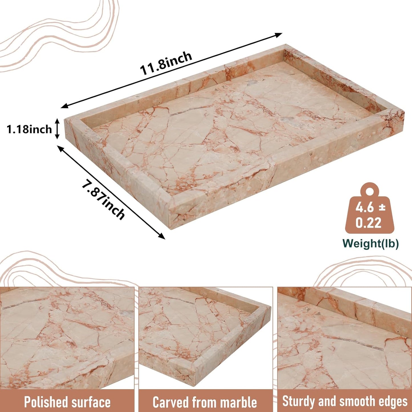 Marble Bathroom Tray,Pure Natural Vanity Tray,Marble Trays for Kitchen Counter Non-Ceramic/Non-Resin,Stone Tray 12 x 8 inch (Pink) ﻿