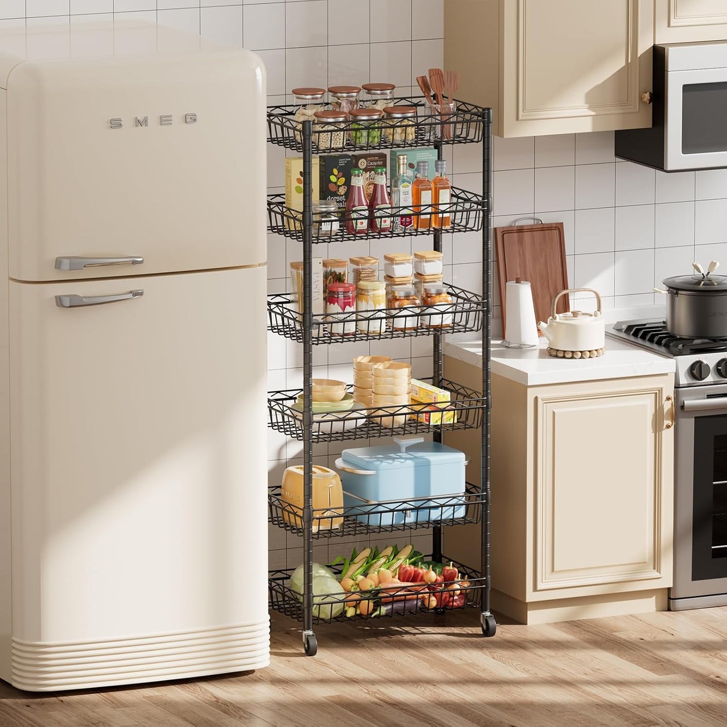 SINGAYE 6 Tier Basket Shelf Wire Shelving Unit Adjustable Storage Shelves Big Basket Rack for Garage Kitchen Office Pantry Corner 17" Dx12 Wx63 H Black