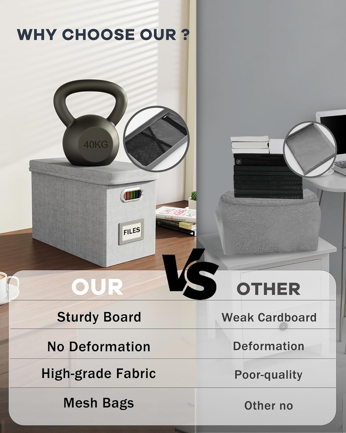 Oterri File Organizer Box with Lid, Hanging Filing File Box with Mesh Pocket, Document Organizer Box for Letter Files, Portable Storage Box with Smooth Sliding Rail for Office&Home(1 PCS, Grey)