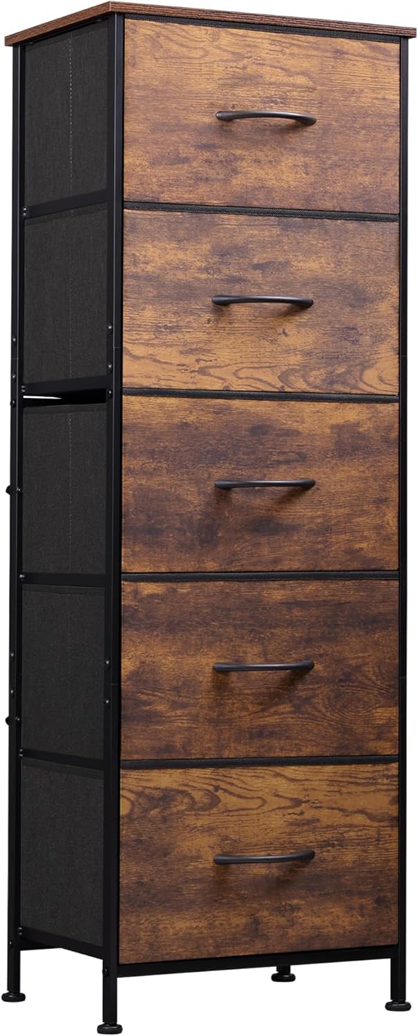WLIVE Fabric Dresser, 5-Drawer Tall Dresser for Bedroom, Storage Organizer with Fabric Bins, Wood Top, Sturdy Steel Frame, Chest of Drawers for Closet, Hallway, Rustic Brown Wood Grain Print