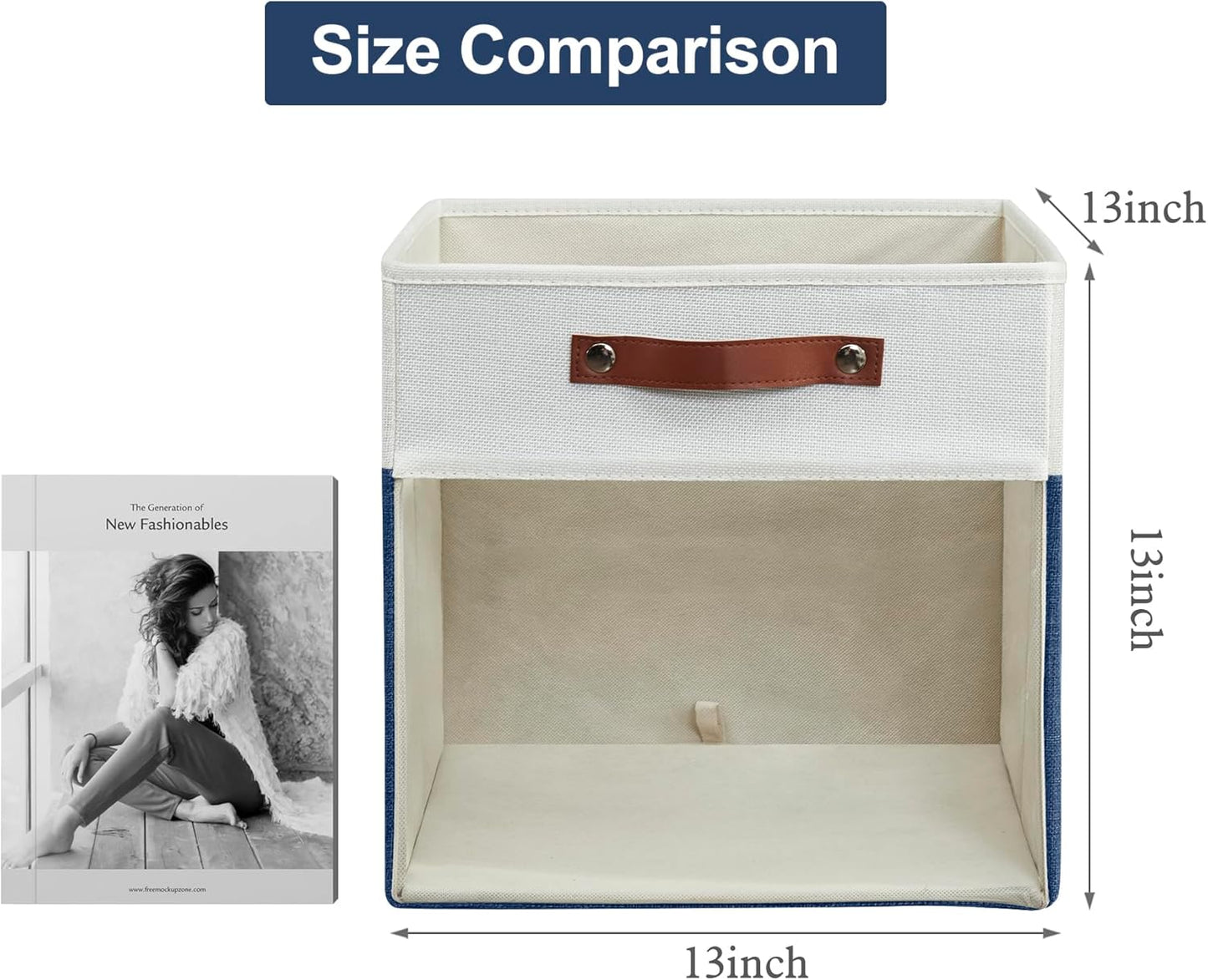 Storage Cubes, 4 Pack Linen Foldable Storage Bins (13 x 13 inch) with Clear Window and Handles, Fabric Organizer for Shelf Closet, Clothes, Books - (Navy Blue and White)