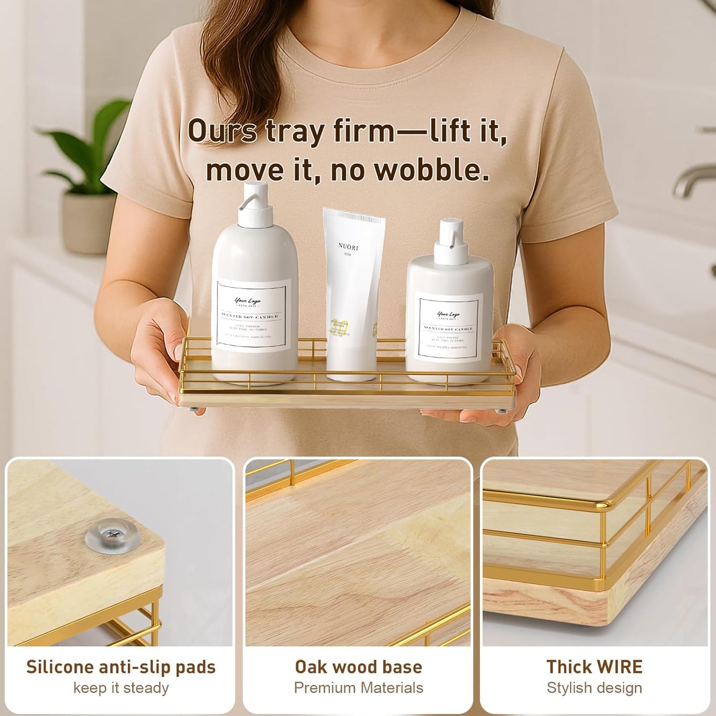 Bathroom Tray for Counter Top Organizer – Oak Wood Vanity Tray with Metal Frame for Dresser, Kitchen, Nightstand – Gold & Oak Decorative Storage