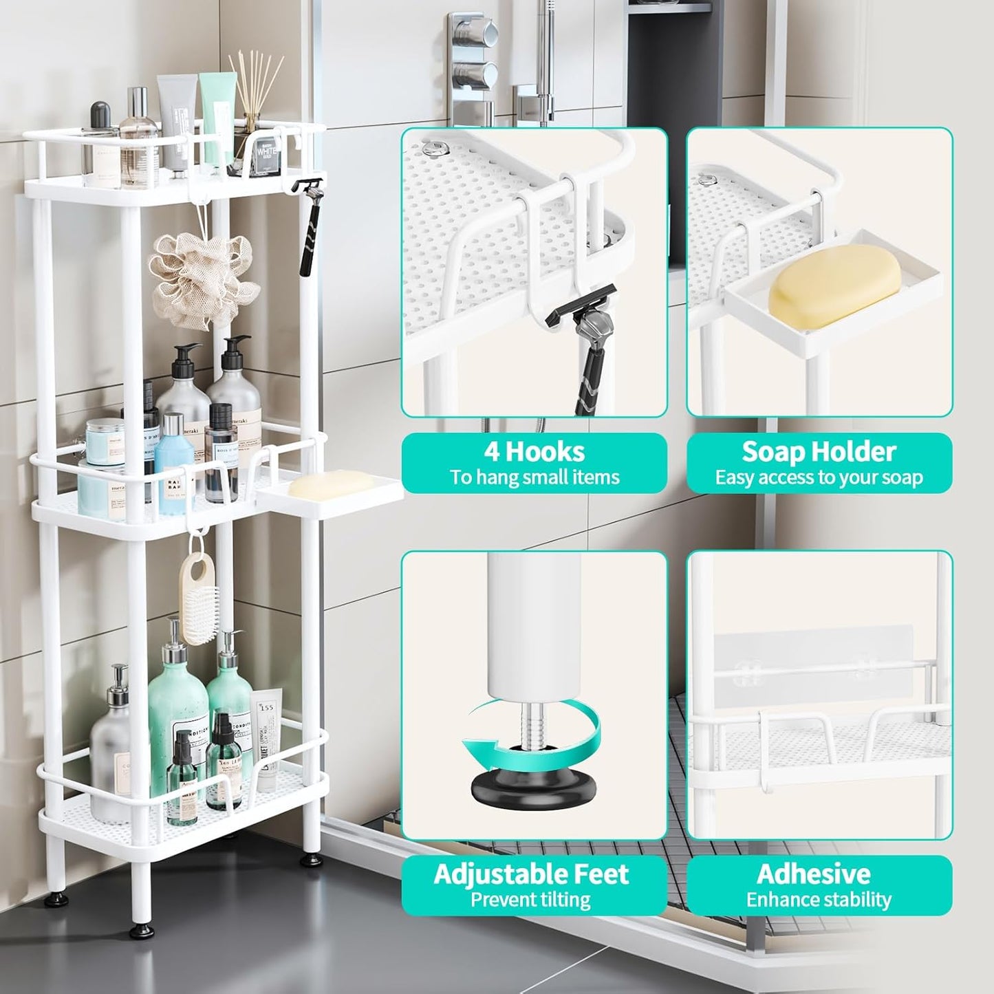 HapiRm Standing Corner Shower Caddy - 3 Tier Corner Shower Organizer with Soap Holder, Rustproof Stainless Steel Bathroom Shelf with 4 Hooks, White