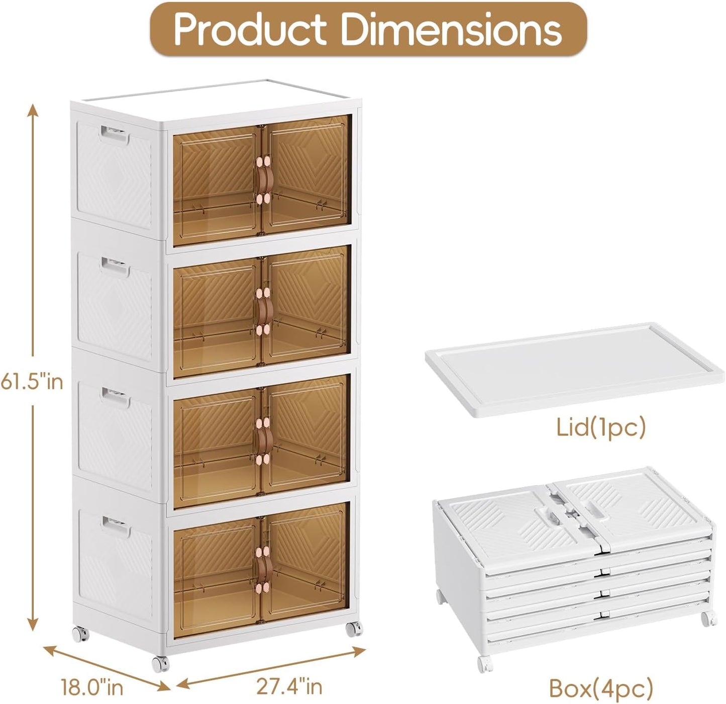 JEKO&JEKO 528Qt Stackable Storage Bins with Lids and Wheels, Foldable Collapsible Plastic Boxes for Clothes, Home, White, 4 Pack