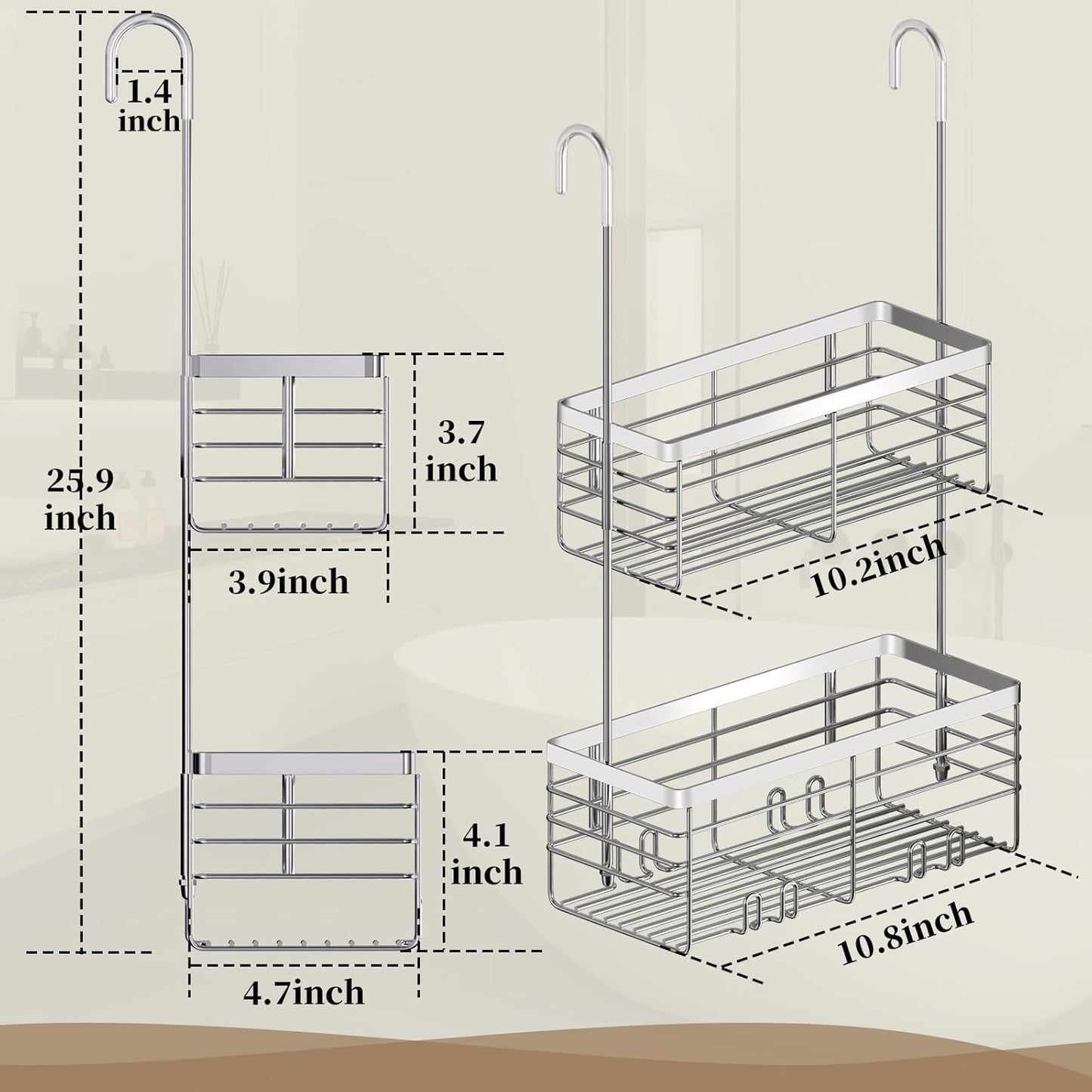 DELLAN Hanging Shower Organizer, 2-Tier Shower Rack with Hooks Over the Door, Bathroom Shower Caddy and Basket