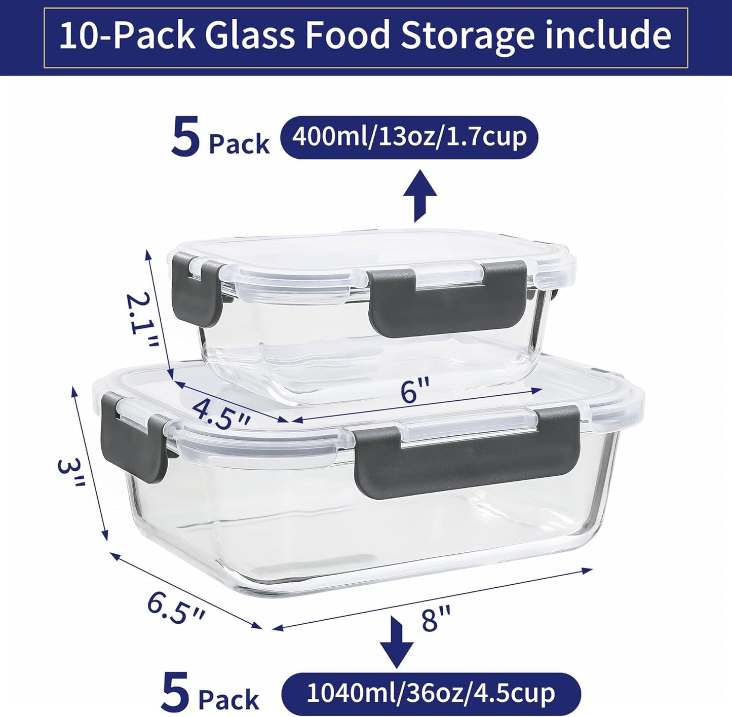MFY 10-Pack Glass Storage Containers with Lids, Glass Meal Prep Containers Set, Airtight Lunch Containers with Lids, Microwave, Oven, Freezer and Dishwasher Safe, Gray