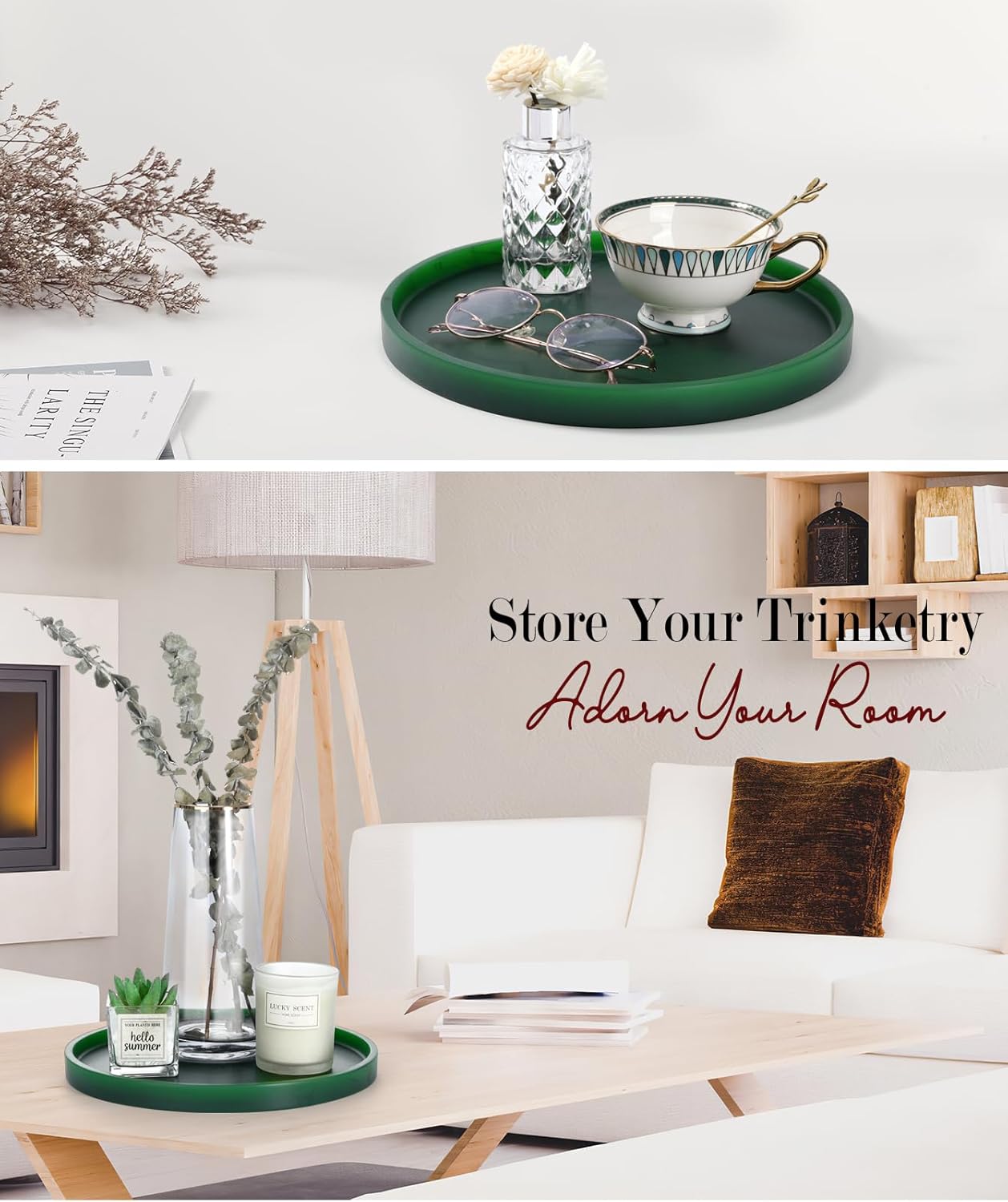 Emibele Vanity Tray, Resin Round Tray Decorative Storage Organizer for Bathroom Toilet Tank Bedroom Kitchen Countertop, Jewelry Storage Dresser for Candle,Lotion Bottle,Cosmetics, Matte Ink Green