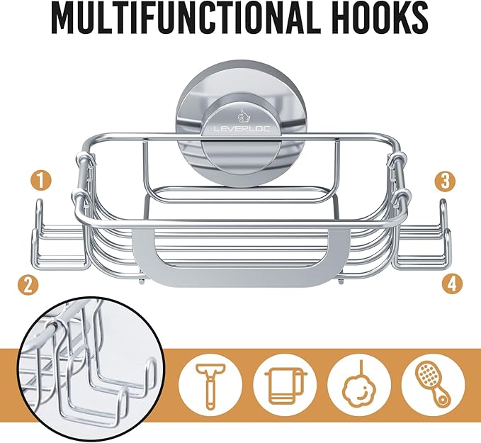 LEVERLOC Bar Soap Holder Dish with Hooks, Soap Tray Suction Cup Wall Mounted for Shower, Stainless Steel Sponge Holder Caddy for Bathroom Kitchen Sink Organizer, Rustproof, Silver