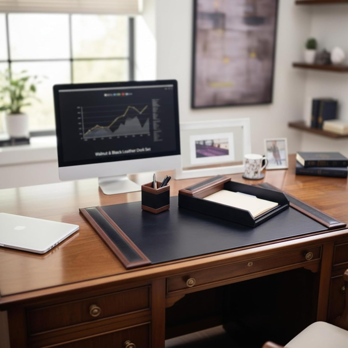 Dacasso Walnut and Leather Desk Set, 3-Piece