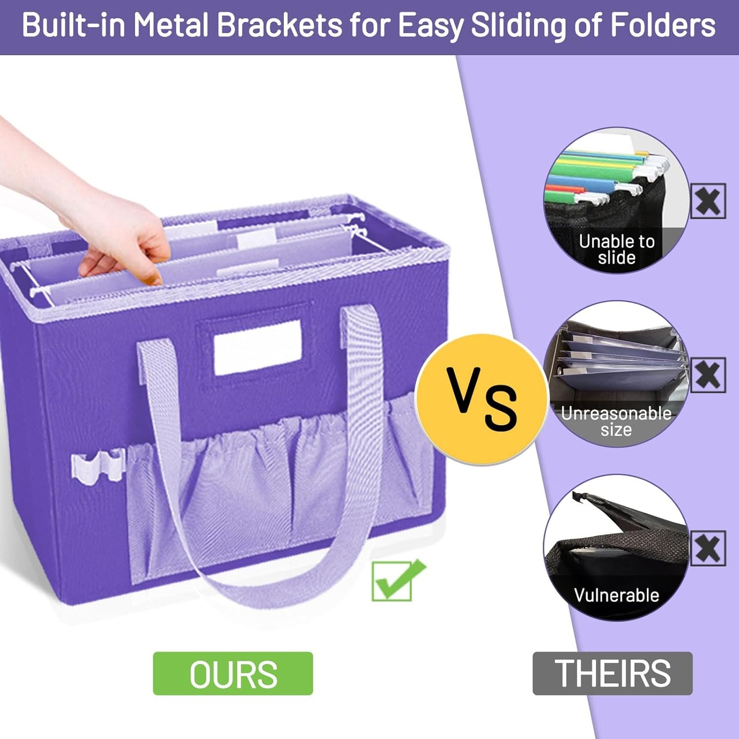 abcxgood Desktop File Organizer Box,Collapsible Hanging Filing Box,Home Office Document Storage Organizer with Front Pocket and Handles, Letter Size Folder. (PURPLE)