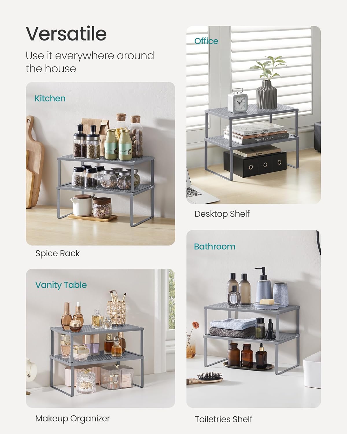 SONGMICS Spice Racks, Set of 2 Metal Cabinet Shelf Organizers, Countertop Organizers, Shelf Risers, Stackable, Expandable, Silver UKCS401G01