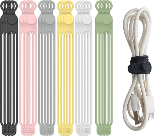 18Pcs Silicone Cable Ties Reusable, Silicone Cord Ties, Silicone Cable Organizer for Bundling and Fastening Cable Cords Wires(6 Colors) (18Pcs-[Black White Pink Green Yellow Grey], 7.1Inch)