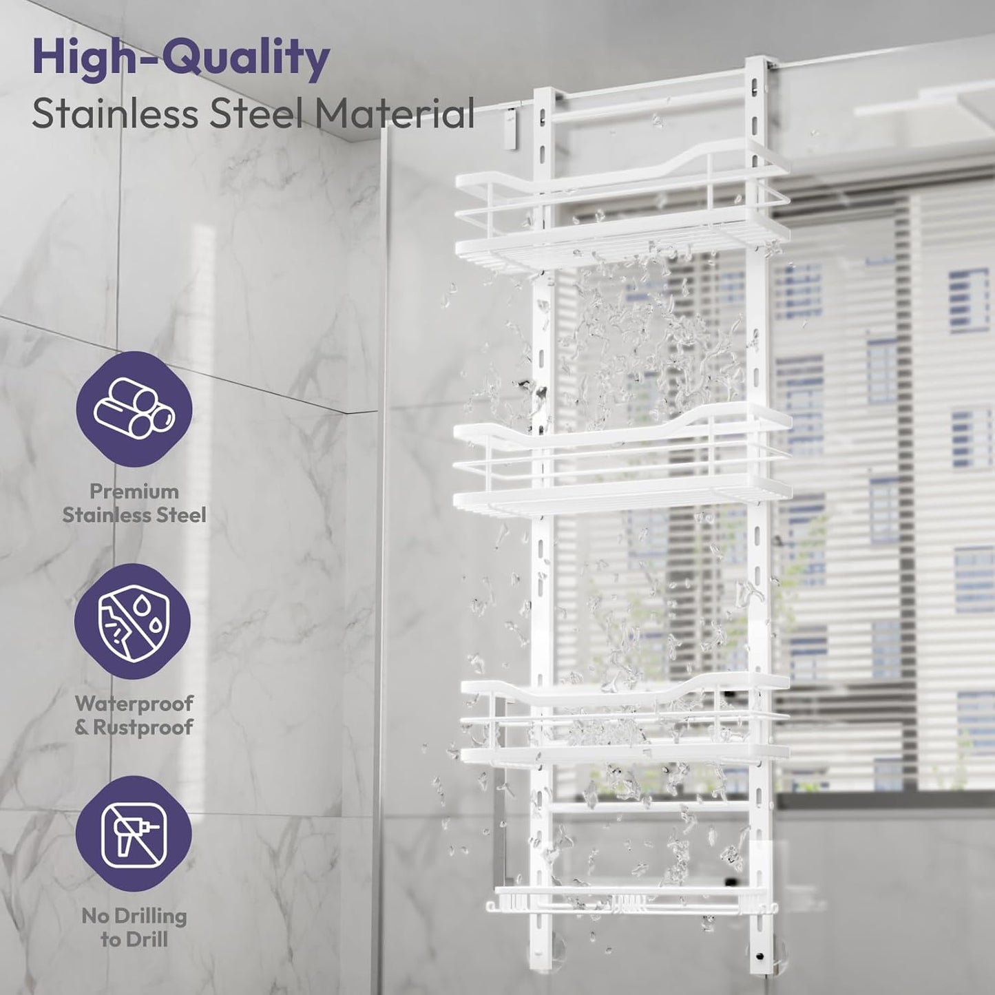 SWTYMIKI Over the Door Shower Caddy - 4 Tier Adjustable Shower Organizer Hanging with Soap Holder, No Drilling Stainless Steel Bathroom Rack Hanging for Body Wash, Shampoo, Soap, Razor, White