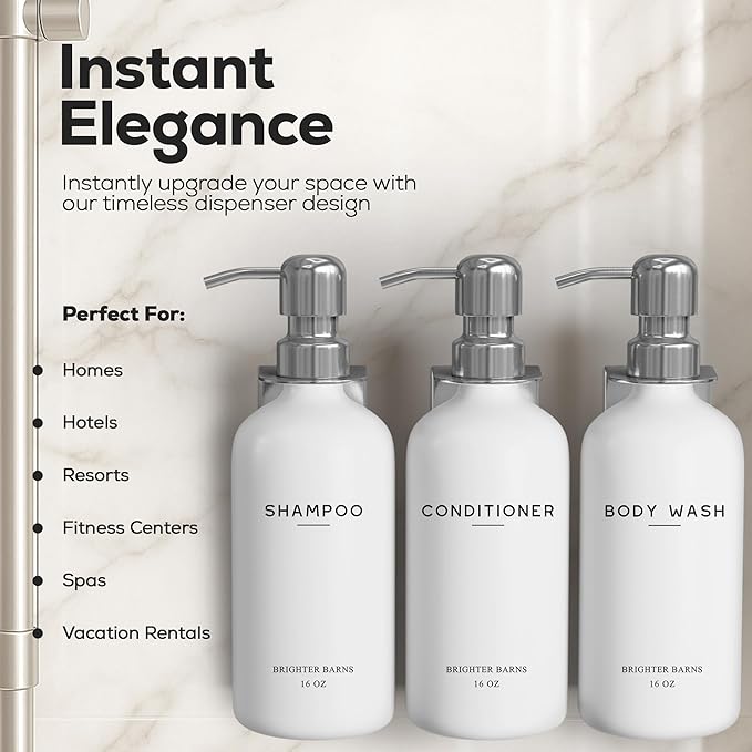 Luxury Shampoo and Conditioner Dispenser Set Wall Mounted by Brighter Barns - Refillable Shampoo Dispenser for Shower Wall - Shower Bottles 3 Chamber No Drill for Guest Bathroom, Airbnb, Hotel (White)