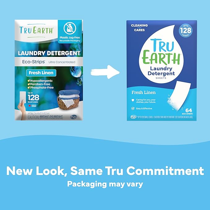 Tru Earth Compact Dry Laundry Detergent - Up to 128 Loads (64 Sheets) - Paraben-Free - Original Eco-Strip Liquidless Detergent, Travel - Fresh Linen | Packaging May Vary