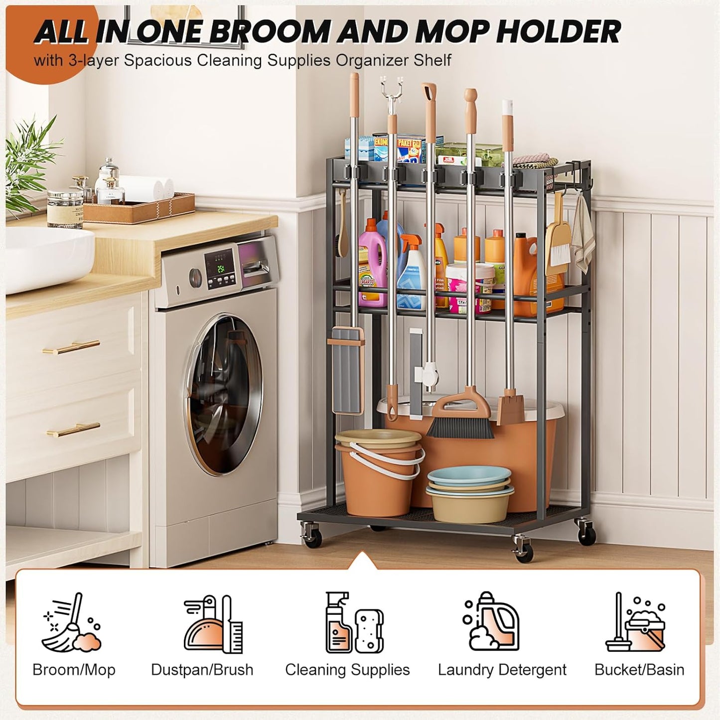 Broom Holder with Cleaning Supplies Organizer, Broom Closet Storage Cabinet with Mop Hanger Gripper Rack Hooks, Cleaning Housekeeping Janitorial Cart with Cleaning Caddy, Laundry Room Organization