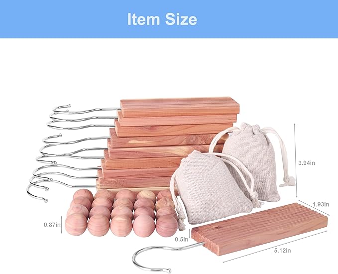 Cedar Blocks for Clothes Storage, Hang Ups 10pcs Cedar Balls 20pcs and Chip Bags 2pcs for Closet Storage Totally 32PCs