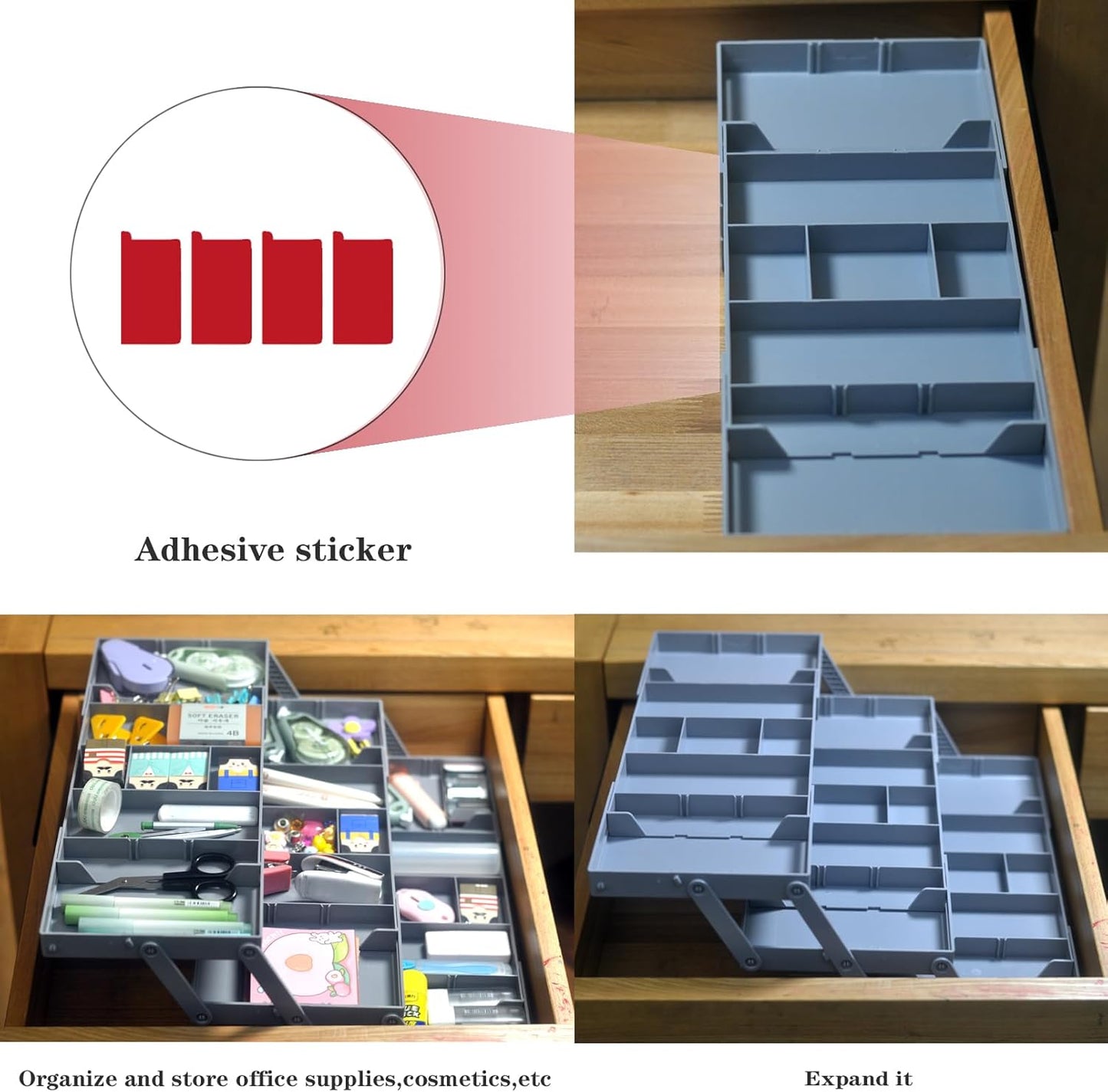 3 Tier Foldable Expandable Smart Drawer Organizer ， Multi Level Collapsible Shallow Junk Drawer Organizer
