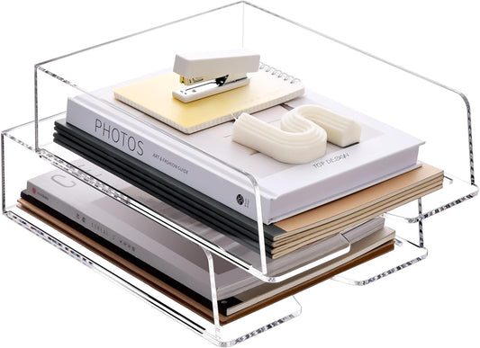 Enlarged Letter Paper Tray - Clear Acrylic Desk Organizers for Document Organization and File Storage - Stackable Office Accessories - 2 Pack (Large Tray V)