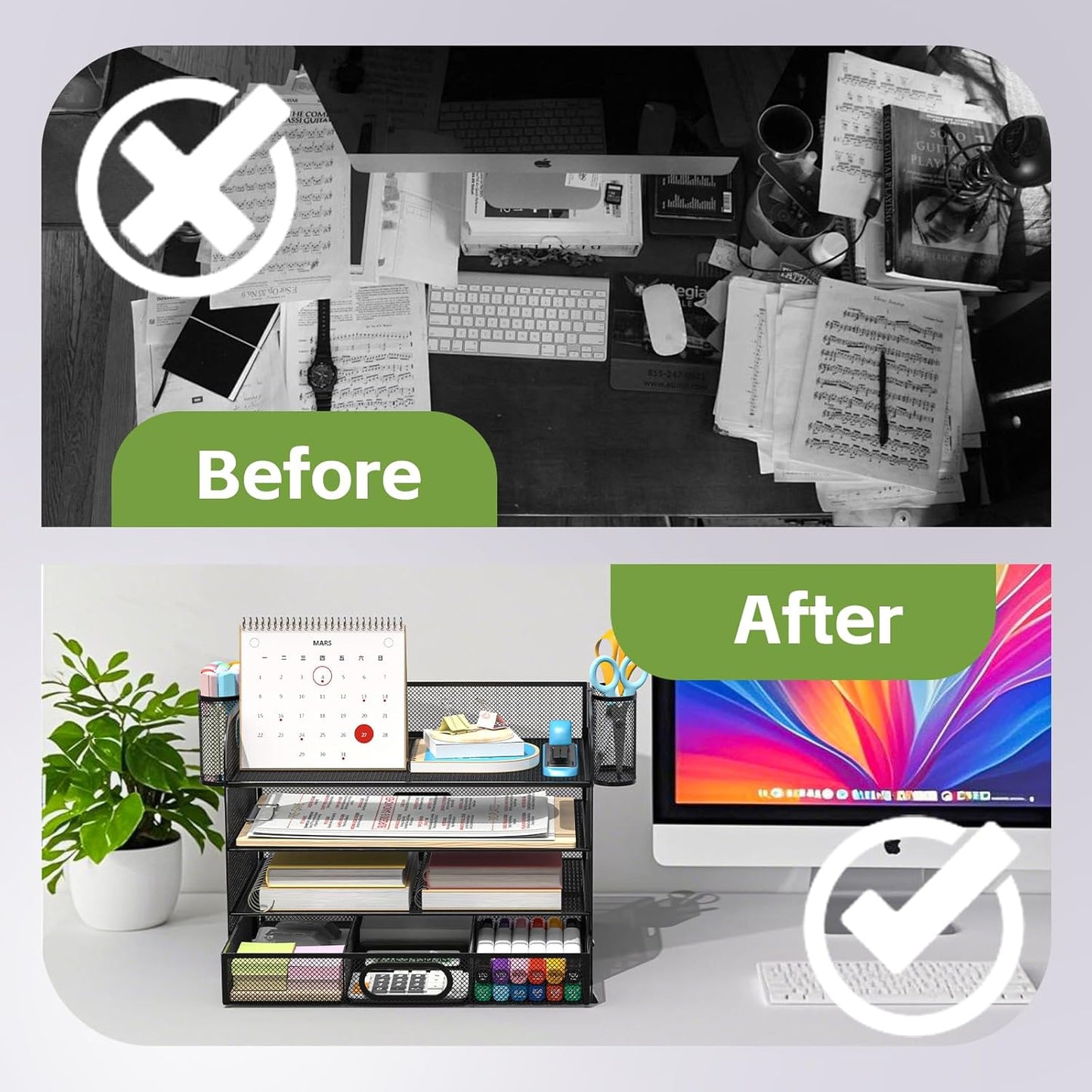 Desk Organizer and Accessories，4-tier Paper Letter Tray Organizer, Desk File Organizer with Drawers and 2 Pen Holders for School and Home Office Supplies (black)