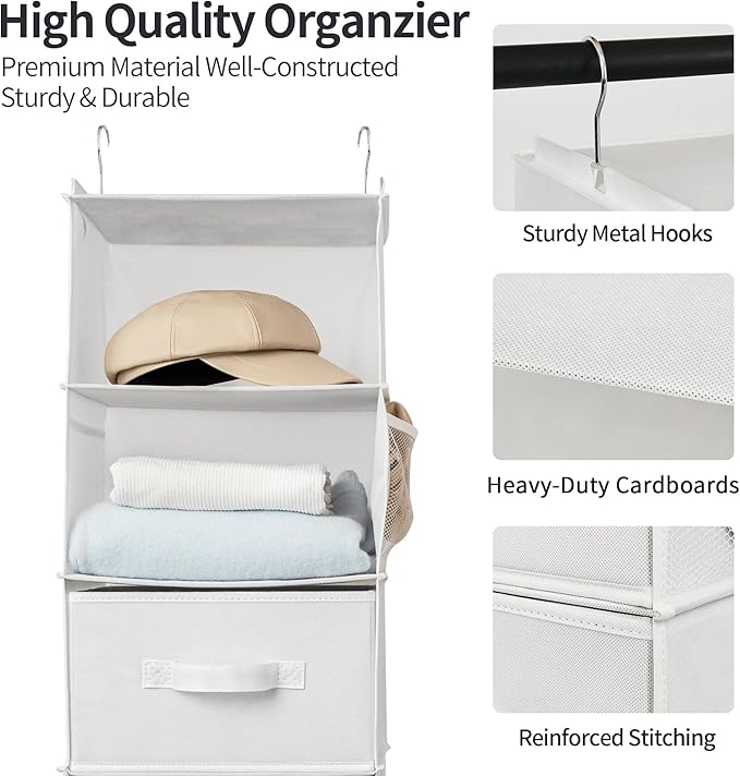 GRANNY SAYS 6-Shelf Hanging Organizer for Closet, Separable to 2 Pack 3-Shelf Hanging Shelves, Organization and Storage with 3 Different Drawers, 4 Side Pockets, White, 1-Pack