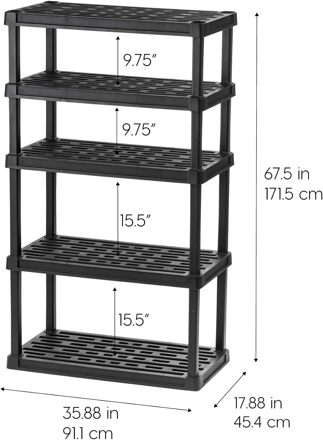 IRIS USA 5-Shelf Heavy Duty Plastic Storage Shelves, 750lb Capacity, 68" H x 36" W x 18" D, Large Modular Shelving Unit Storage Organizer for Garage, Home, Warehouse & Gym, Storage Rack - Black