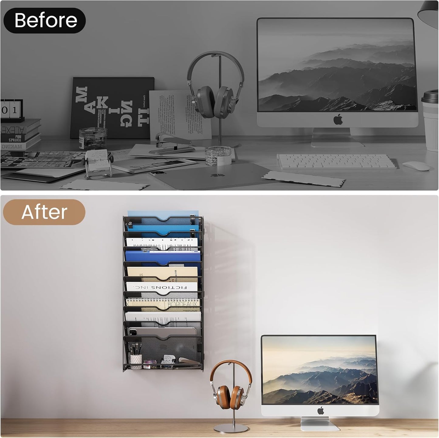 Desk File Organizer Mesh 10-Tier Hanging Wall Mount Document Organization Stand Desktop Vertical Mail Paper Folder Holder Rack with Bottom Tray for Office Home Cubicle Countertop-Black