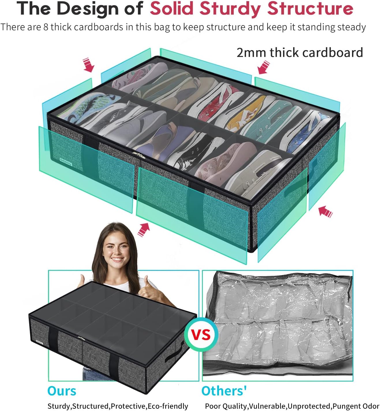 Onlyeasy 2 Pack Under Bed Shoe Storage Organizers with Handles & Clear window (Fit 14 +14 Pairs), Sturdy Underbed Box Organizer Shoe Storage Bags for Kids & Adults, Linen-like Black, MXAUBS14S14