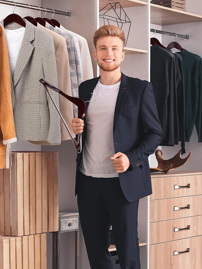 SMARTOR Suit Hangers for Men 8 Pack, Wide Shoulder Wooden Suit Hangers with Non Slip Pant Holder, Wide Hanger for Suit, Coat, Jacket, Gown, Heavy Duty Wood Suit Hanger, Cherry