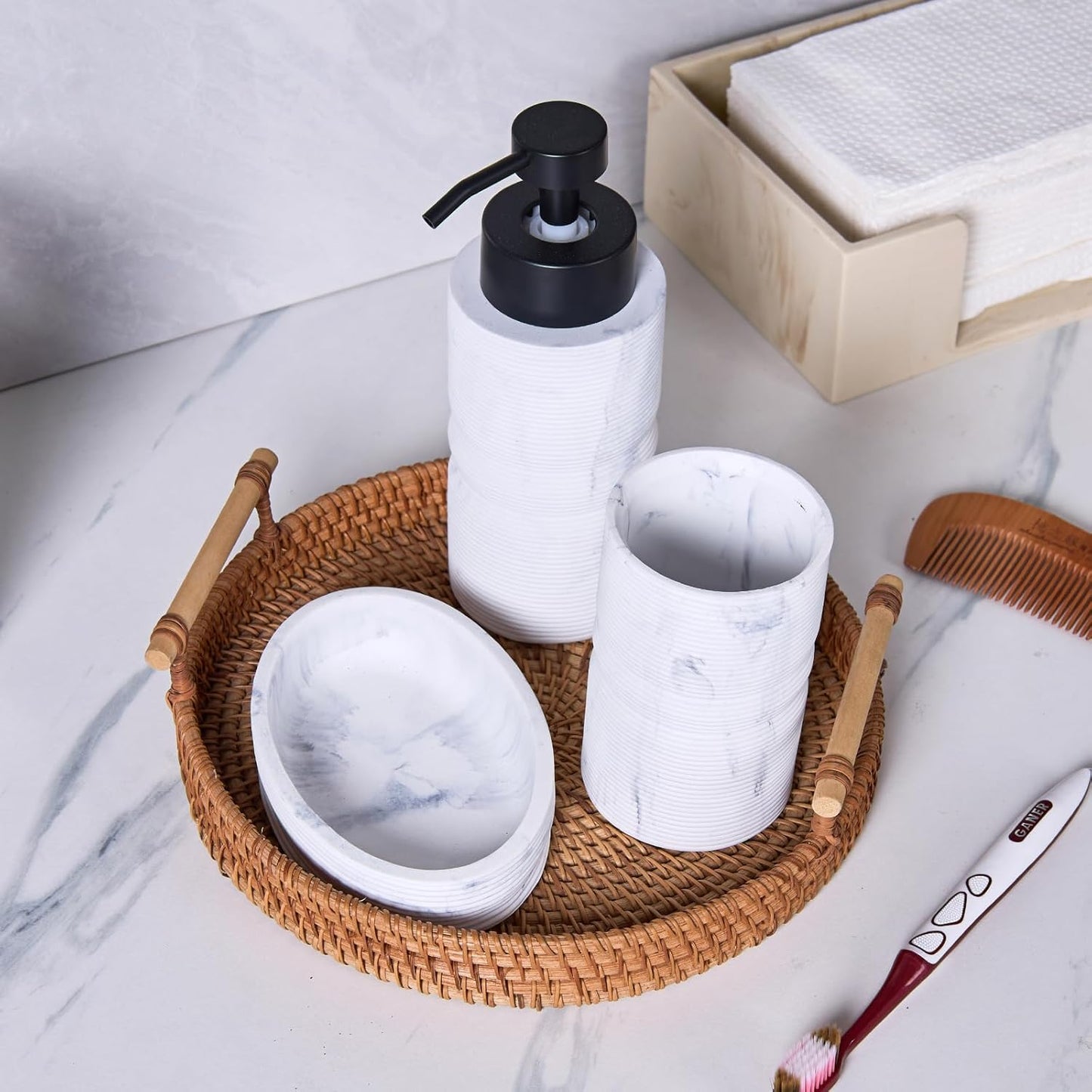White Marble Ribbed Textures Bathroom Accessories Set 3 Pcs for Countertop - Toothbrush Holder Cup, Foaming Soap Dispenser, Soap Dish - Modern Bathroom Décor Accessory Set for Housewarming Gift