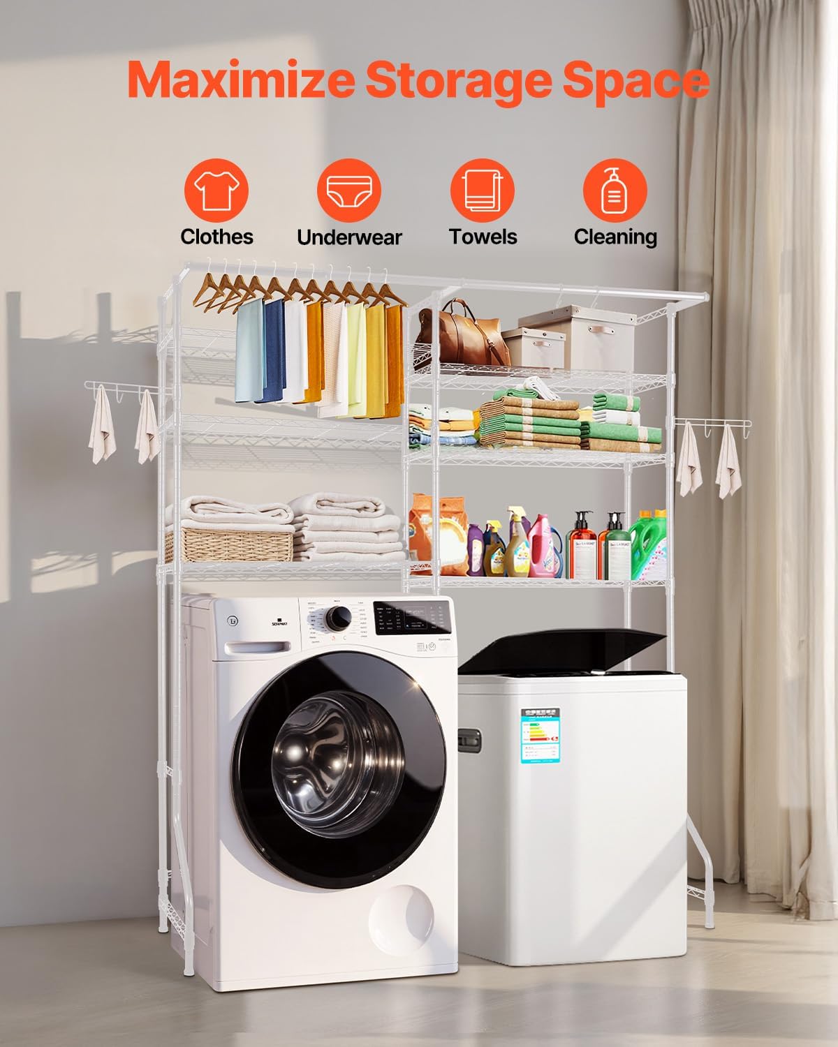 VEVOR Over The Washer and Dryer Storage Shelf, 6 Tier Laundry Room Drying Rack with Hanger Rod and Hooks, Adjustable Over Washer and Dryer Shelves, Laundry Room Shelf Storage Space Saver, White