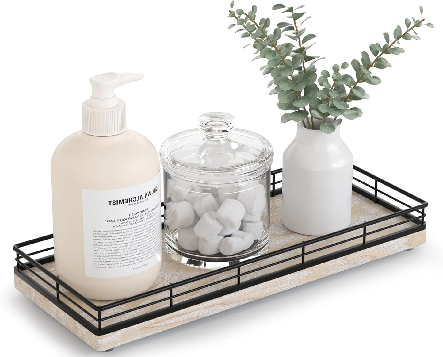 Bathroom Tray for Counter Top Organizer – Ash Wood Vanity Tray with Metal Frame for Dresser, Kitchen, Nightstand – Black & Whitewashed Decorative Storage
