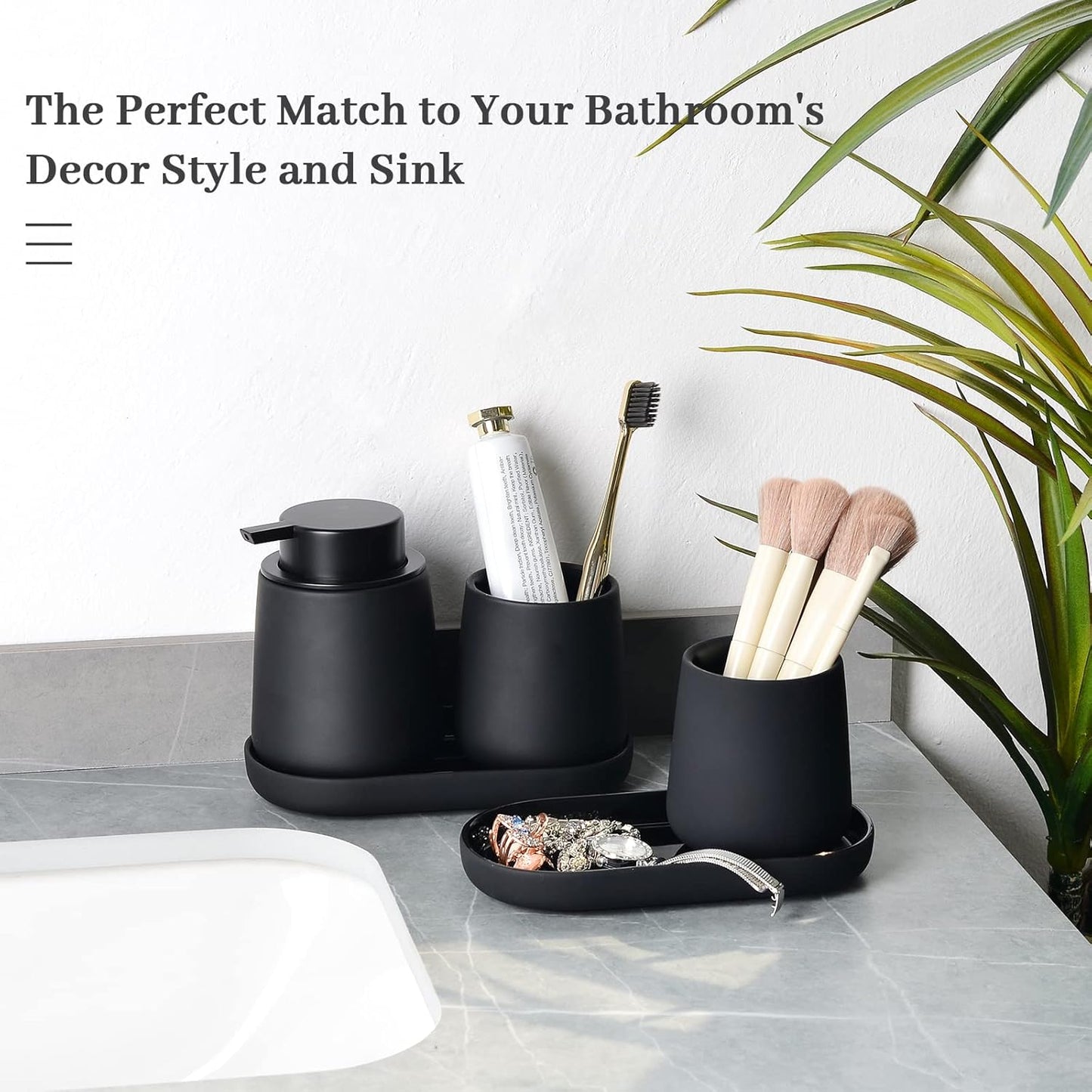 BosilunLife Black Bathroom Accessory Set - 3 pcs Ceramic Bathroom Soap Dispenser Set Farmhouse Bathroom Counter Decor Set Accessories, Soap Dispenser and Toothbrush Holder, Tray (Liquid Pump)