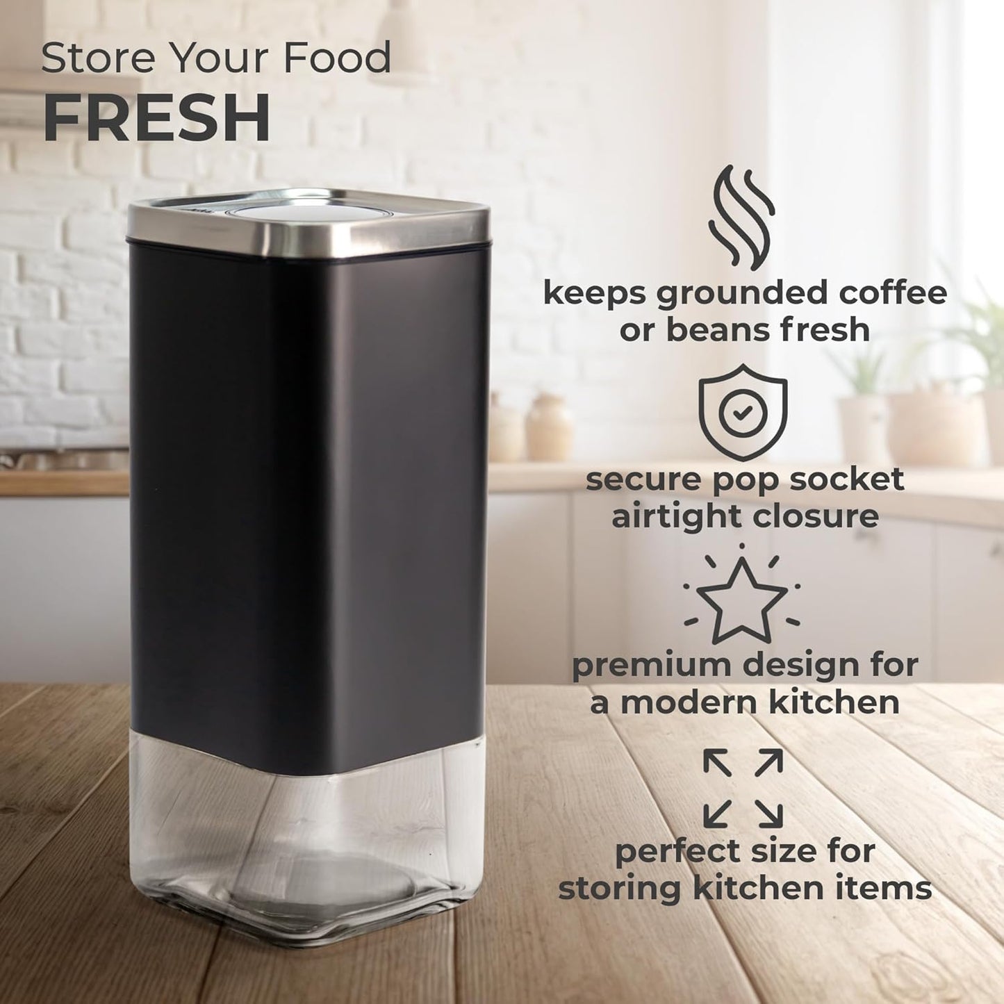 Kaffe Glass Coffee Canister (16oz) w/Airtight Lid - Click to Release Seal - BPA Free Glass & Stainless Steel - Elegant Kitchen Storage Container for Coffee, Nuts, Rice, Flour, Sugar, Tea, Cereal