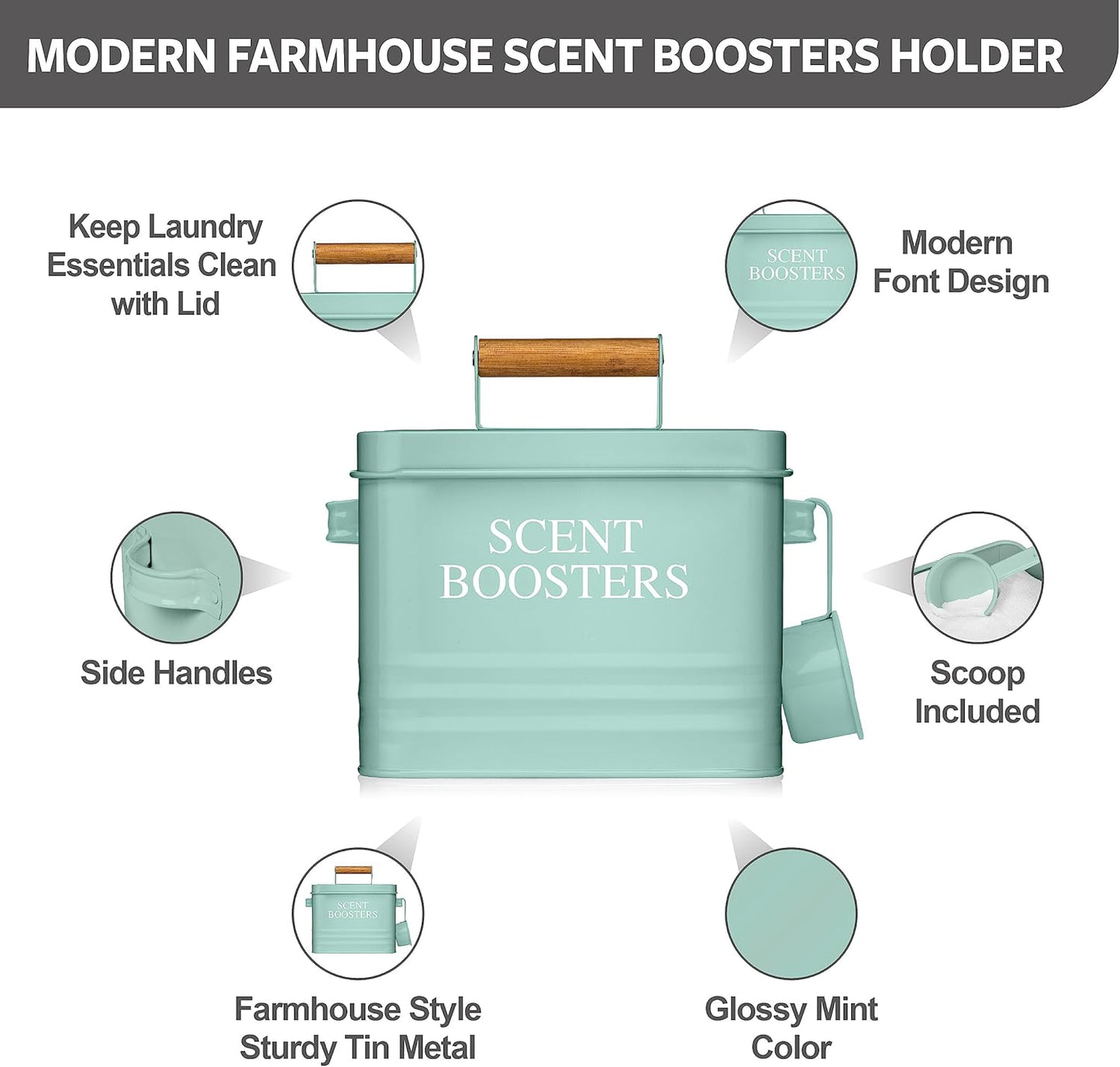 Calindiana Modern Farmhouse Metal Laundry Scent Booster Beads Dispenser Container with Scoop for Laundry Room Decor and Accessories and Space Saving Laundry Room Organization and Storage, Mint