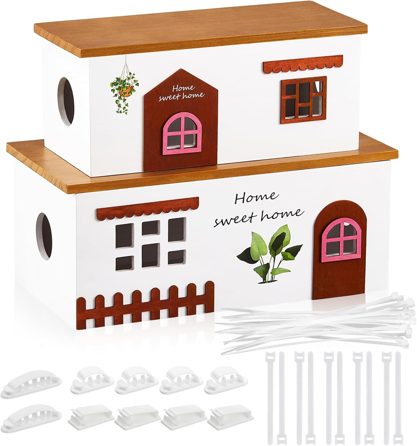 2 Set Cable Management Box Wooden Medium & Large Cord Organizer and Box for TV Computer Wire USB Hub System, Surge Protector Cord Hider on Desk or Floor