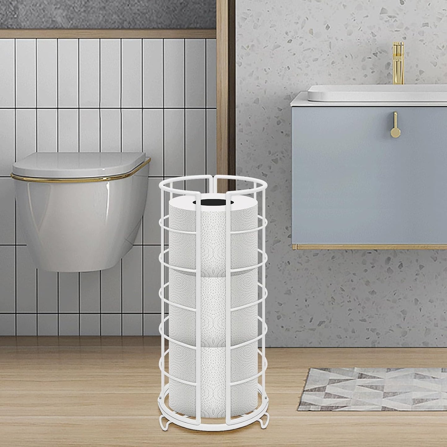 NearMoon Toilet Paper Organizer Stand, Free Standing 3 Rolls Tissue Storage, Metal Bathroom Accessory, Rustproof Toilet Roll Holder for Kitchen Countertop Inside Cabinet Shelf(Metal Base, White)