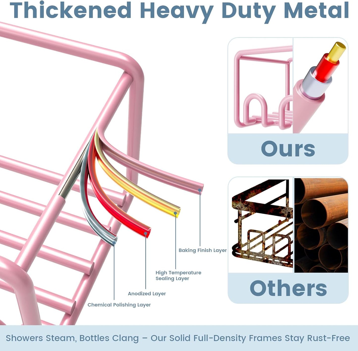 5-Pack Shower Caddy, Adhesive Shower Organizer, No-Drill Space Saving Shower Shelf with Soap Dish, Rustproof Shower Shampoo Holder for Kitchen & Bathroom Storage & Home Decor (Pink)