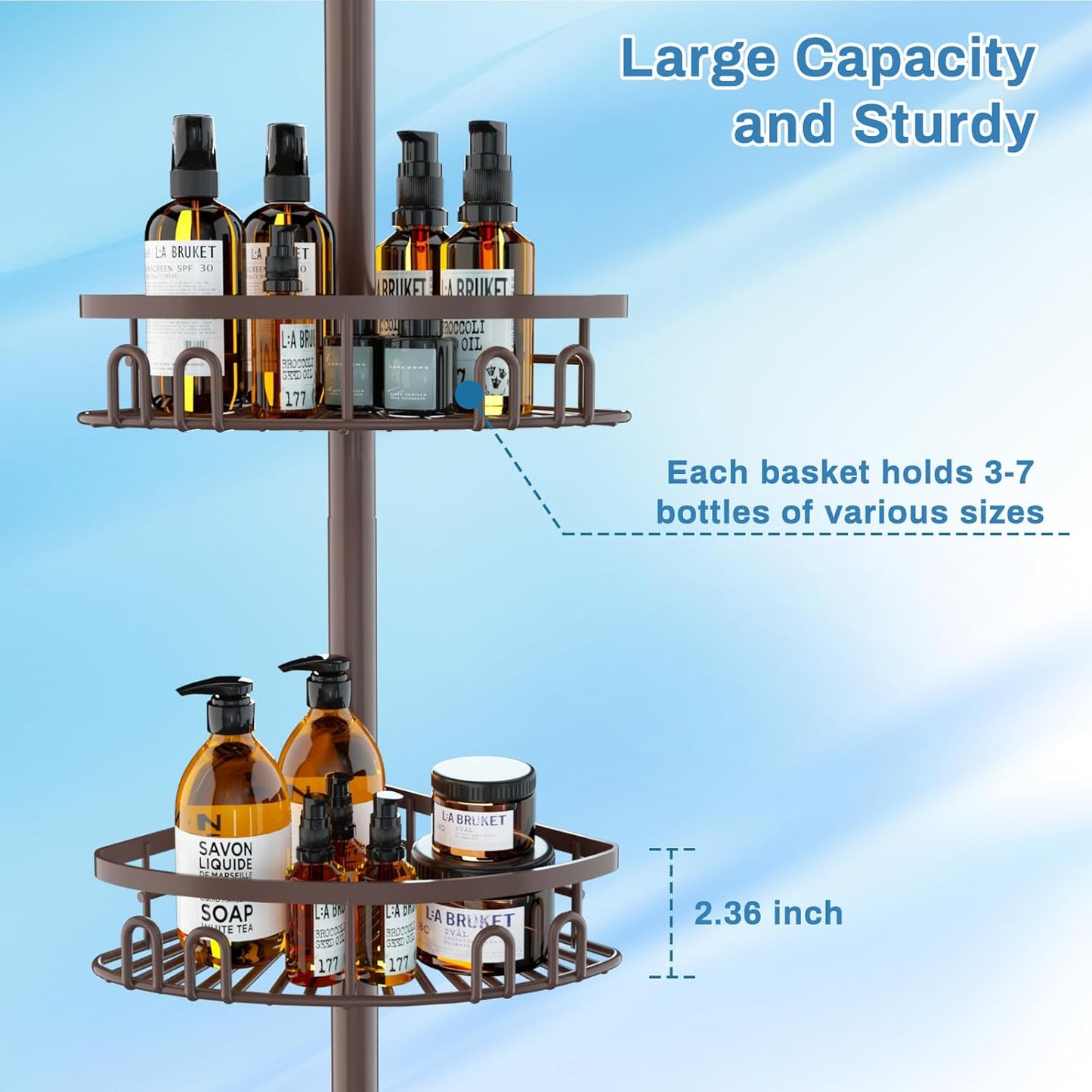 Rustproof Shower Corner Caddy Shelf for Bathroom Tension Pole Organizer with 4 Baskets for Bathtub Shampoo Storage from 23.6 to 114.5 Inch with Towel Bar (Bronze)