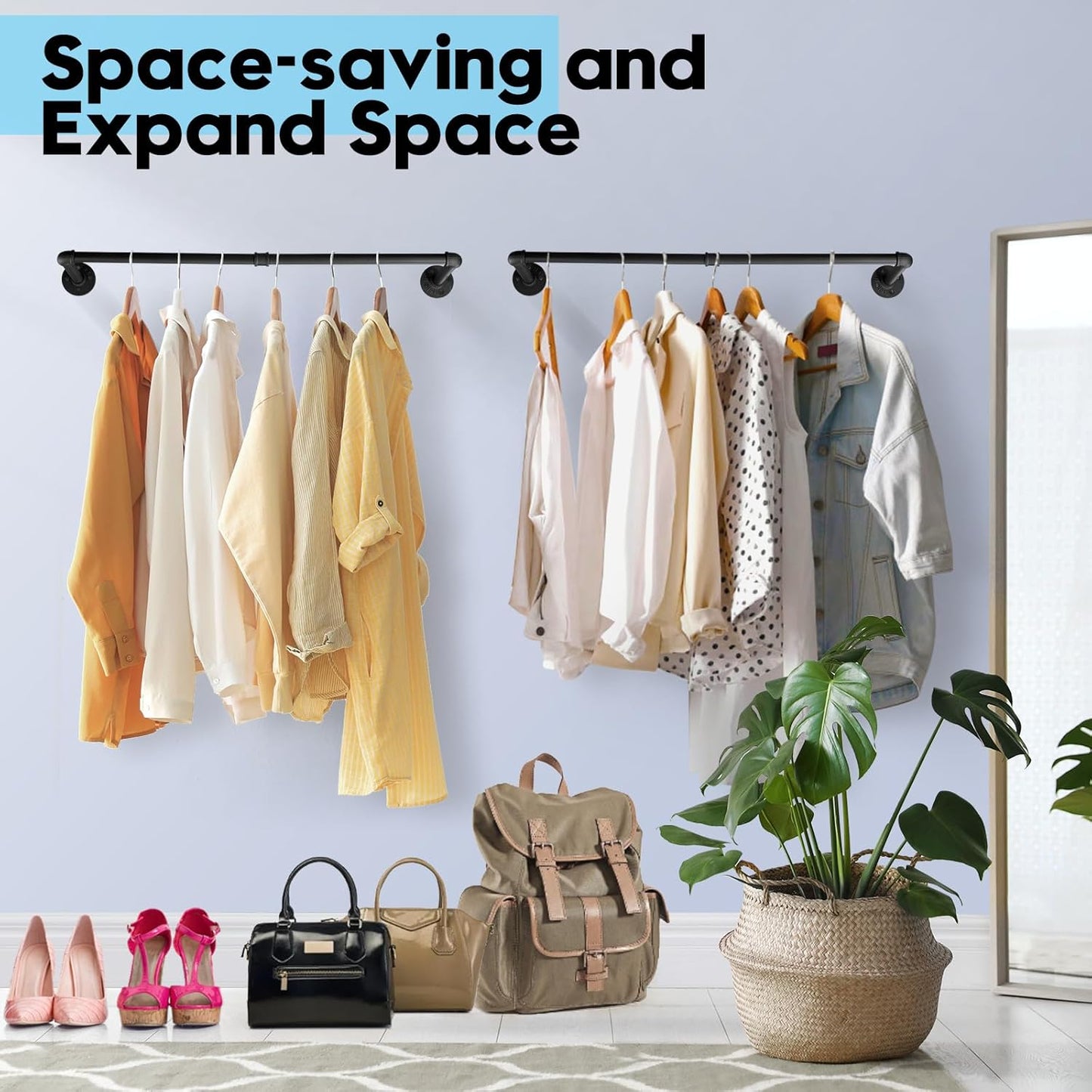 Industrial Pipe Clothes Rack Wall Mounted Clothing Rack Set of 2,38.2 Inches Heavy Duty Iron Garment Rail,Space-Saving Hanging Rod for Laundry Room,Bedroom,Closet Storage