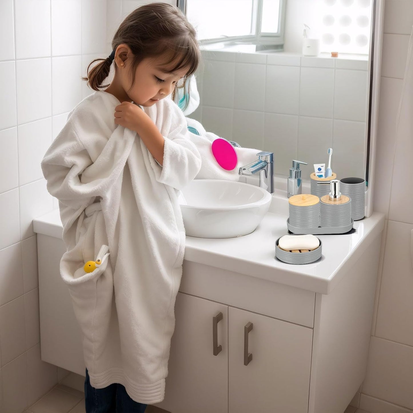 IMAVO Bathroom Accessory Set-11Pcs Grey Bathroom Accessories Set with Trash Can,Soap Dispenser,Soap Dish,Toothbrush Holder,Toothbrush Cup,Toilet Brush Holder,Qtip Holder Dispenser with Labels