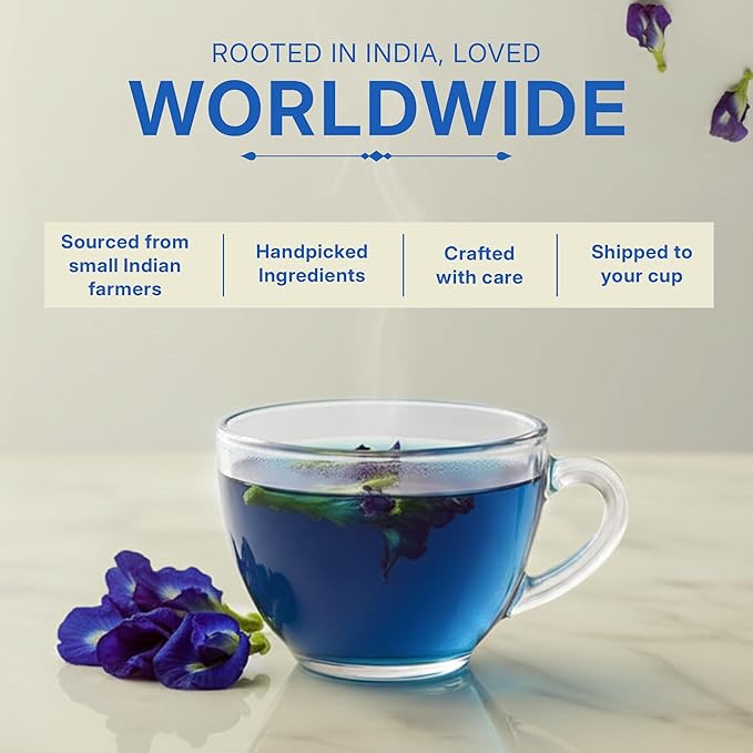 Tealeaf & Co. Butterfly Pea Herbal Tea Bags Blended with Fresh Herbs - Herbal Tea with Butterfly Pea Flower - Contains Low Caffeine - Gluten Free - 50Teabags (3.52oz/100gm)