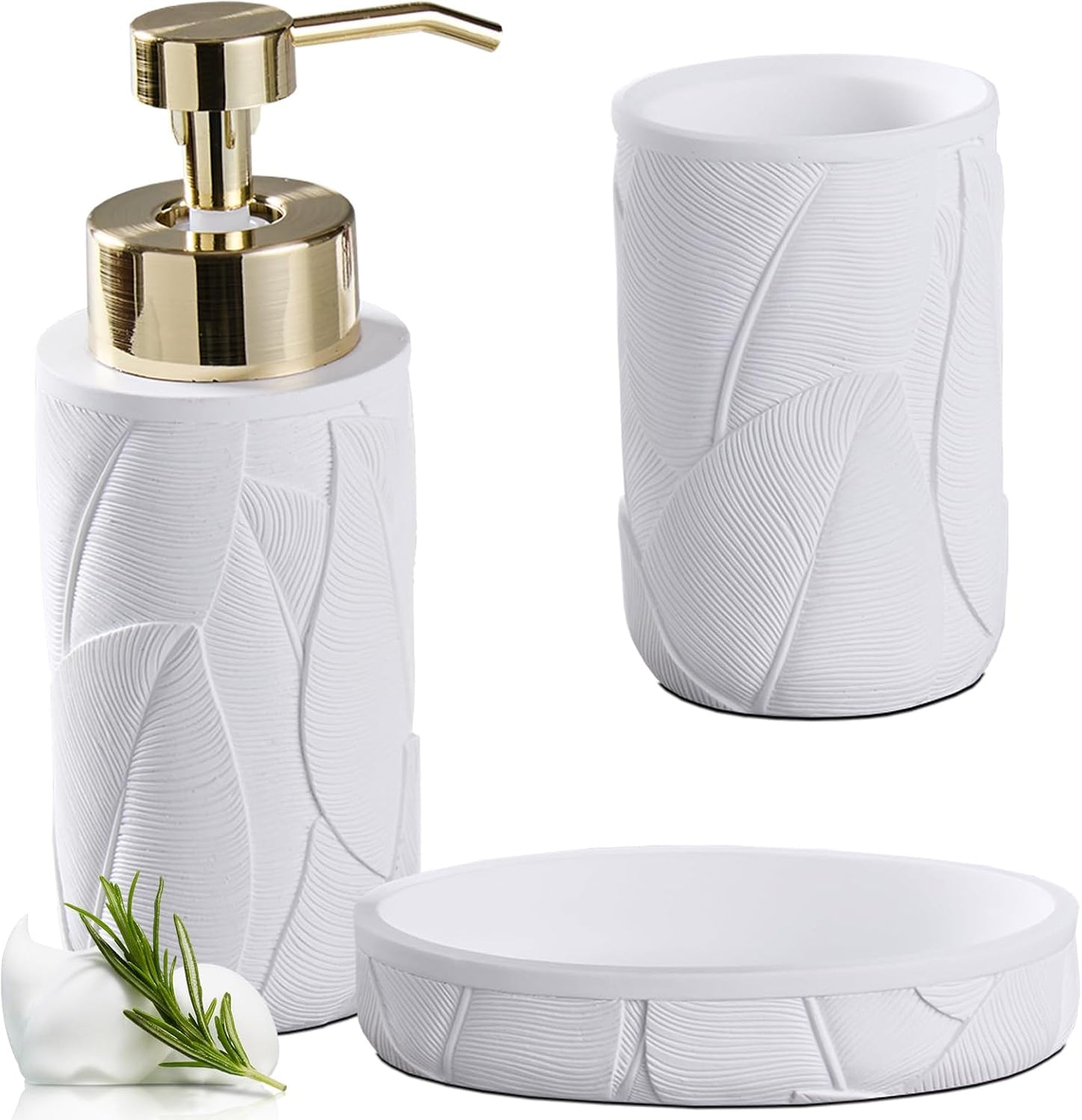 Tropical Leaves Carved Bathroom Accessories Set 3 Pcs for Countertop - Toothbrush Holder Cup, Foaming Soap Dispenser, Soap Dish - Modern Bathroom Décor Accessory Set for Housewarming Gift (White)