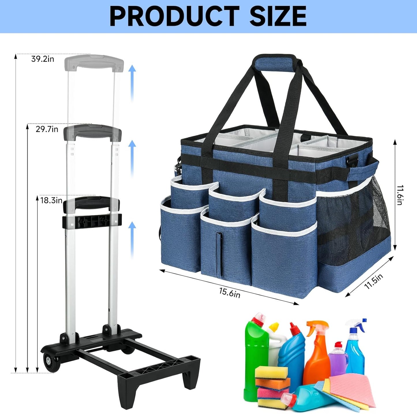 Large Rolling Cleaning Caddy Bag with Detachable Trolley,Cleaning Cart on Wheels with Shoulder Strap,Cleaning Supplies Organizer for Housekeepers,Blue