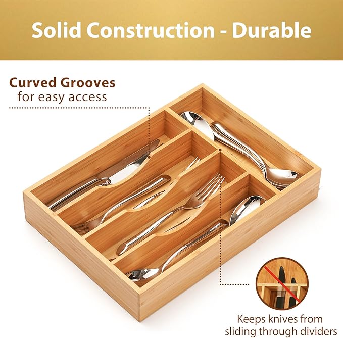 Umilife Bamboo Kitchen Drawer Organizer, 9 Inch Silverware Utensils Tray Holder for Small Drawer, Wood Caddy for Flatware Cutlery Knives
